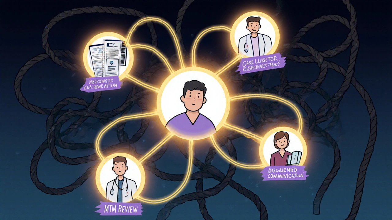 A patient is connected by bright paths to their care team, while confusing ties break away behind them.