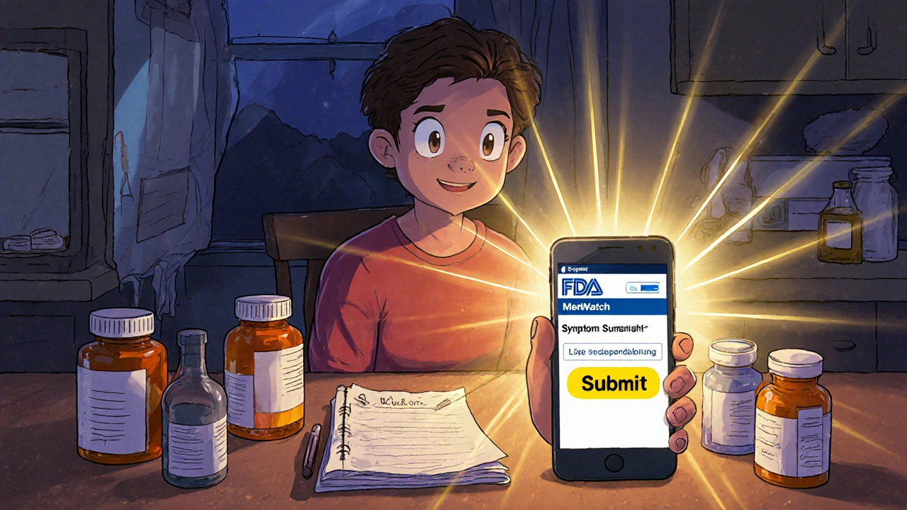 A patient submitting a medication error report on a laptop at home with bottles and notes around them.