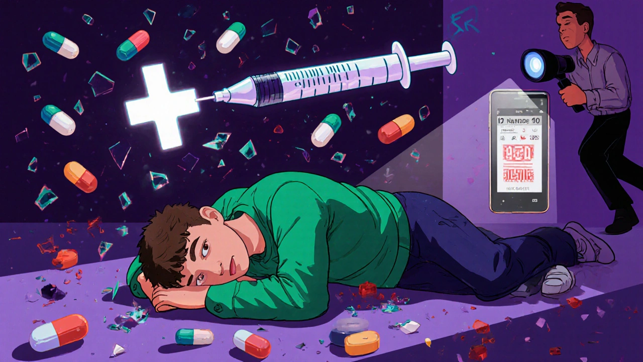 A person in medical emergency with blue lips and pinpoint pupils, while a naloxone syringe hovers above and counterfeit pills shatter around them.