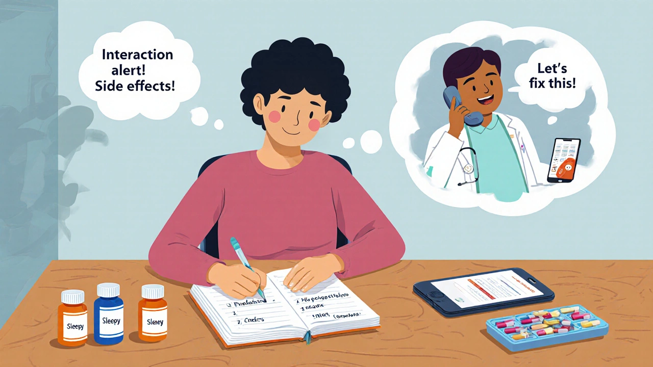 A person journals side effects next to pill bottles, with a pharmacist coordinating care via phone.