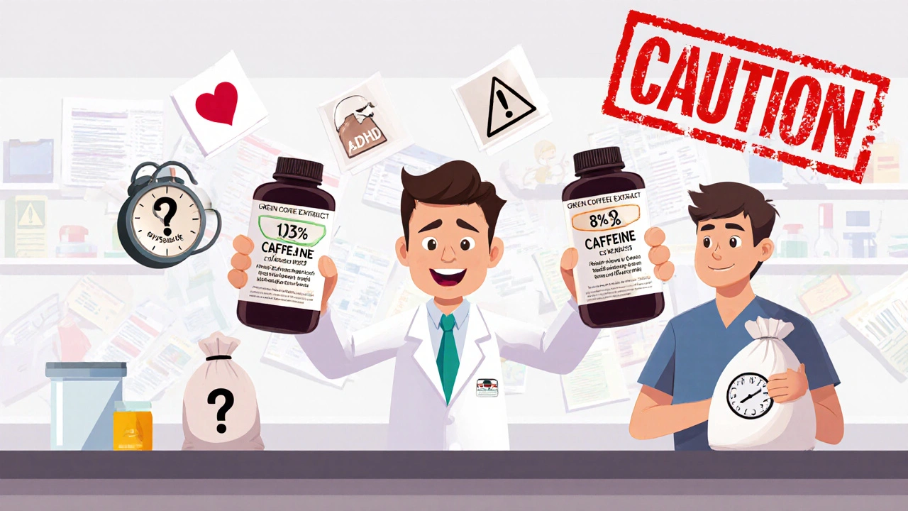 A pharmacist holding two green coffee extract bottles with wildly different caffeine levels, while a confused patient looks on with medical warning icons floating nearby.
