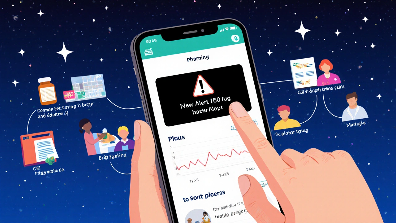 A smartphone app showing a live-updating black box warning with data icons in the background.
