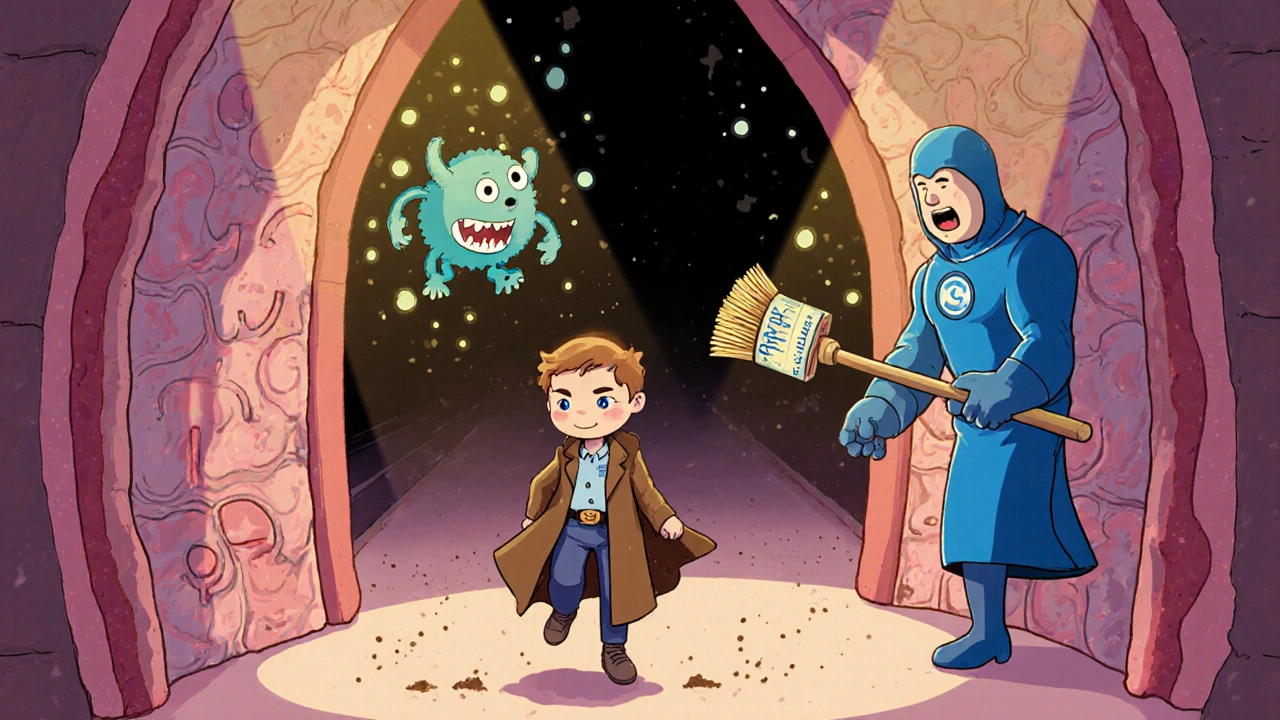 A tiny corticosteroid superhero cleaning inflammation from open airways after a bronchodilator opens the door.