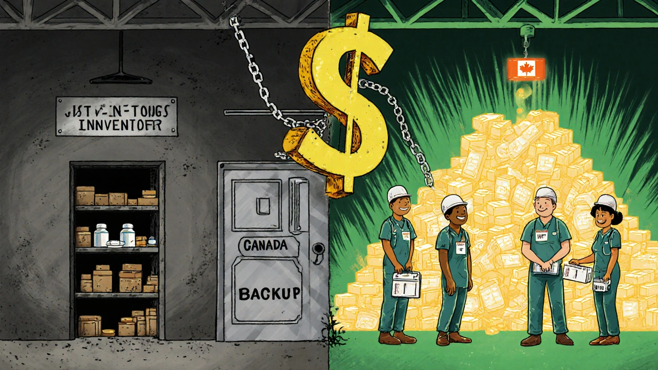 A tiny U.S. drug warehouse next to a large Canadian stockpile, symbolizing failed vs. resilient systems.