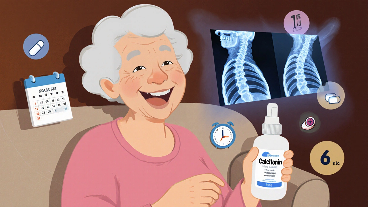 An elderly woman using calcitonin nasal spray while a transparent X-ray shows her spine healing with new bone growth.