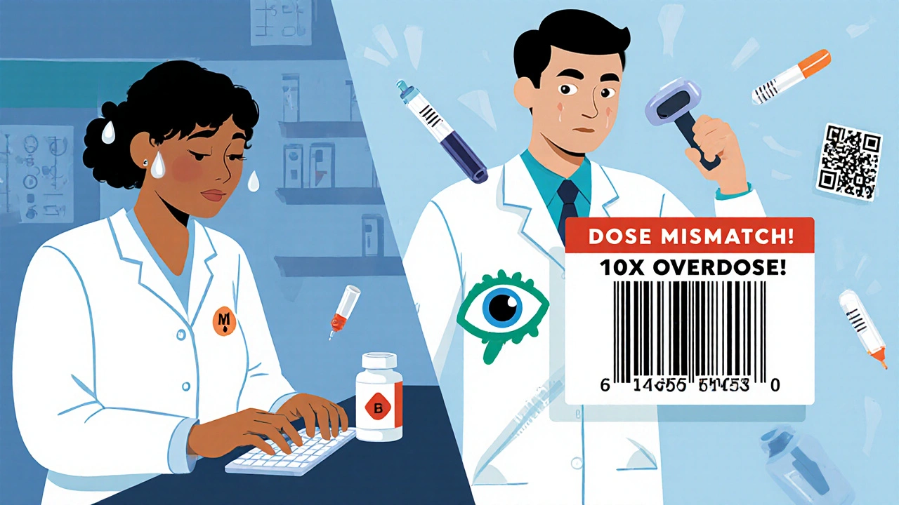 Contrasting scenes: tech typing manually vs. barcode system flashing a dangerous dose mismatch.