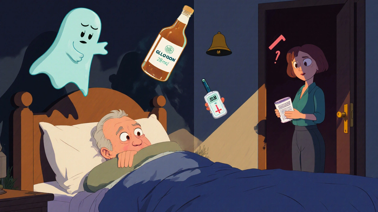 Elderly man sleeping as ghostly pills and alcohol lower his blood sugar, wife holding glucagon nearby.