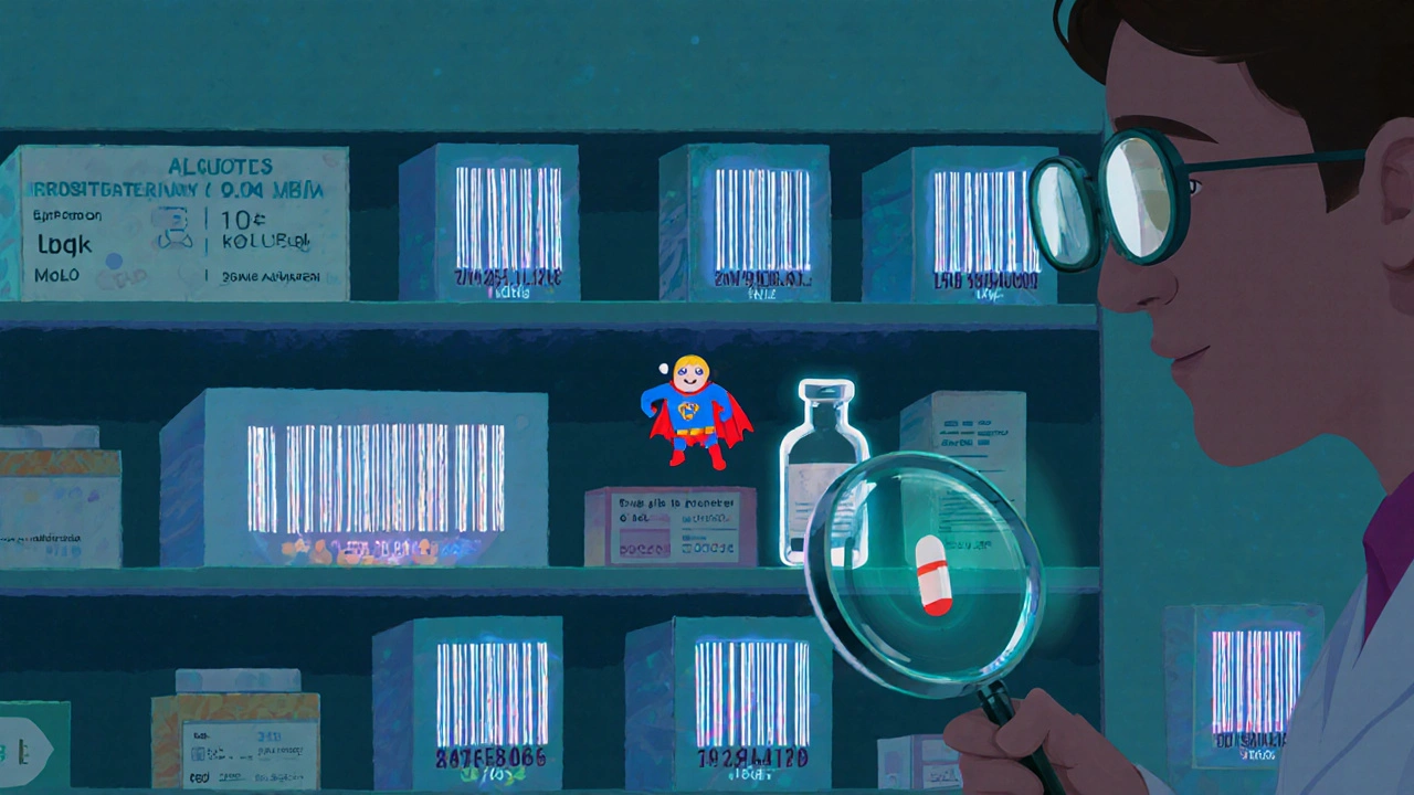 Glowing 2D barcodes on medicine boxes display data streams as a superhero barcode rescues a smudged vial.