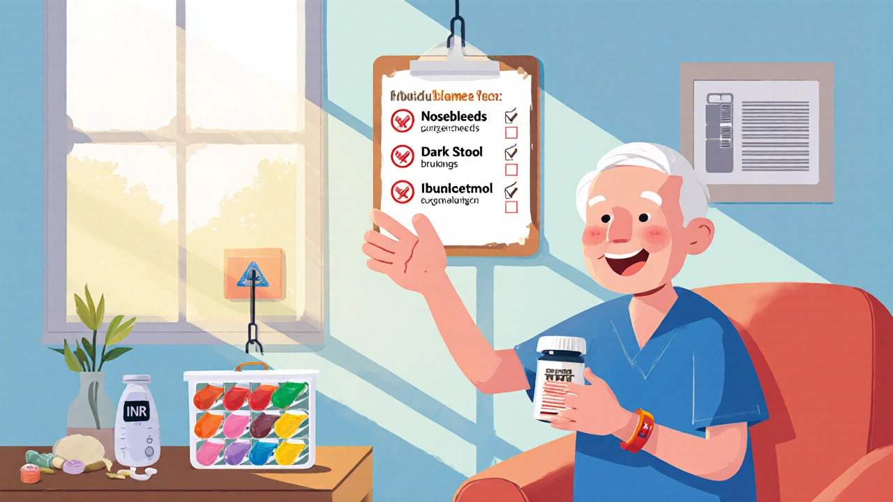 Home setup with pill organizer, INR monitor, and bleeding risk checklist for blood thinner users.