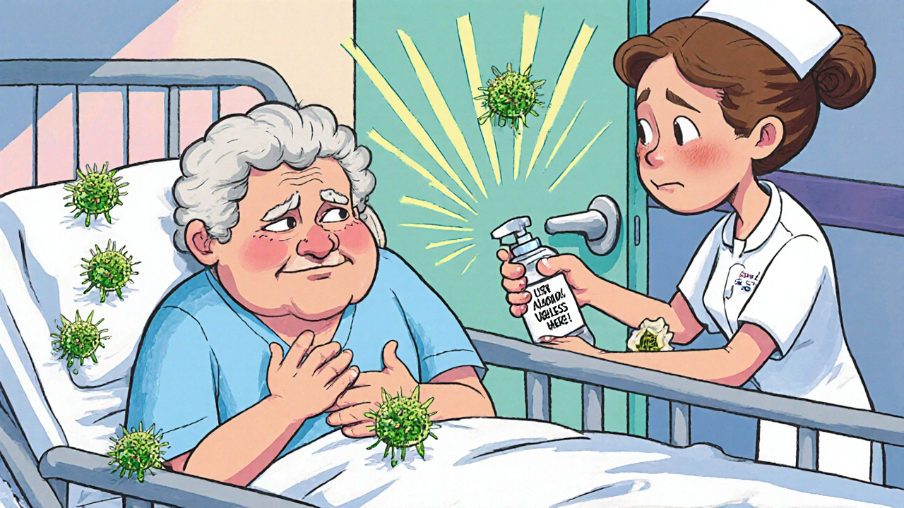 Invisible C. diff spores crawling on hospital surfaces as an elderly patient feels sick, with a nurse using bleach spray to clean.