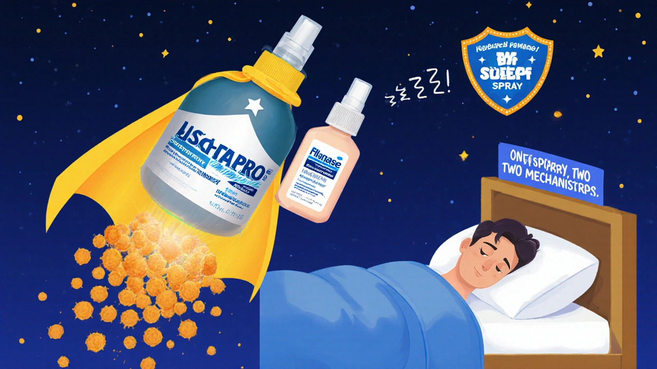 Nasal spray superhero landing beside steroid spray, with peaceful sleeper and combo spray banner.