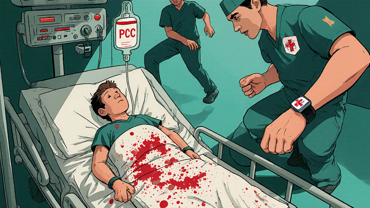 Paramedic assisting a patient with internal bleeding in an emergency room, medical alert bracelet visible.