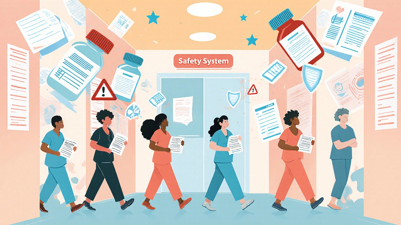 People walking down a hallway as pill bottles turn into safety shields, symbolizing systemic change.