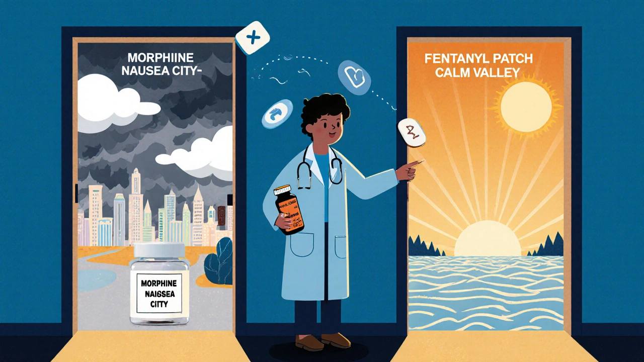 Person choosing between two opioid pathways—one causing nausea, the other relief—with pharmacist guiding them.