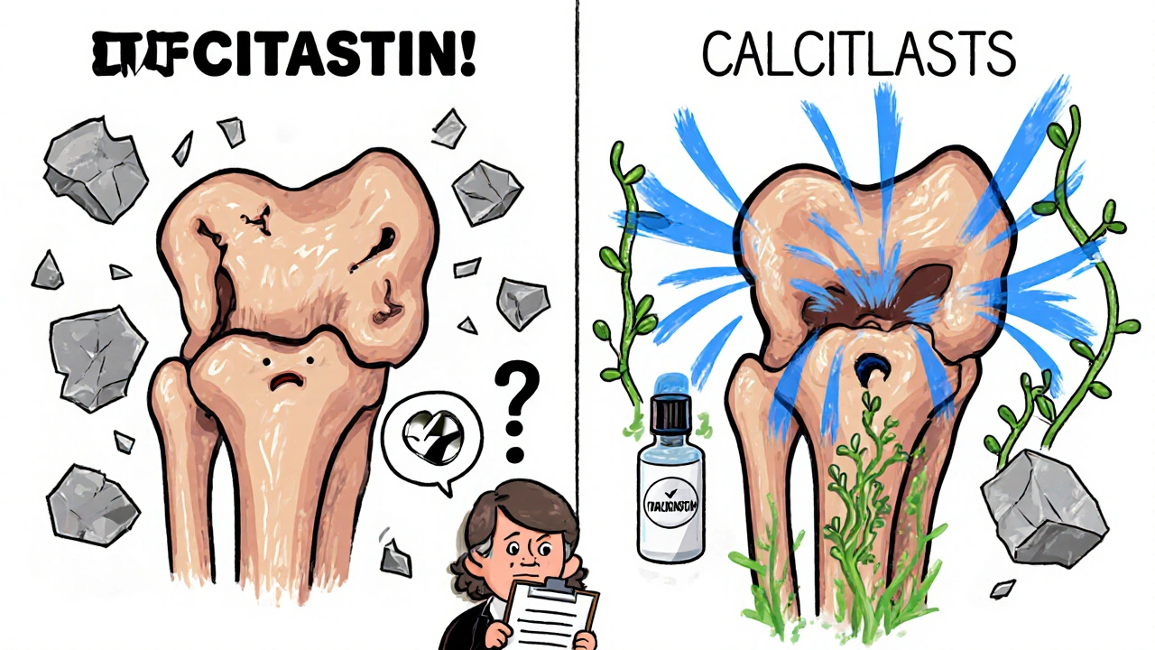 Side-by-side cartoon comparison: a healing bone with calcitonin versus no treatment, showing suppressed bone breakdown and new bone growth.