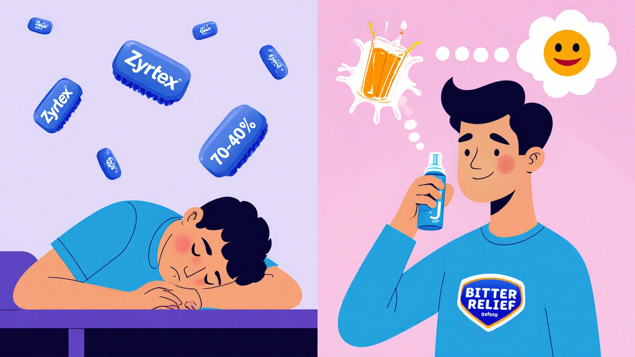 Side-by-side: drowsy person with pills vs. energetic person with nasal spray and relief badge.