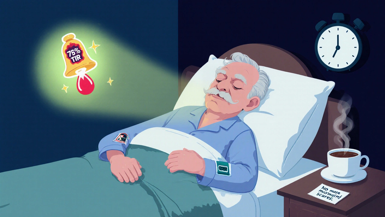 Sleeping elderly man with a glowing CGM sensor emitting a protective green halo, tiny warning drop fading away.