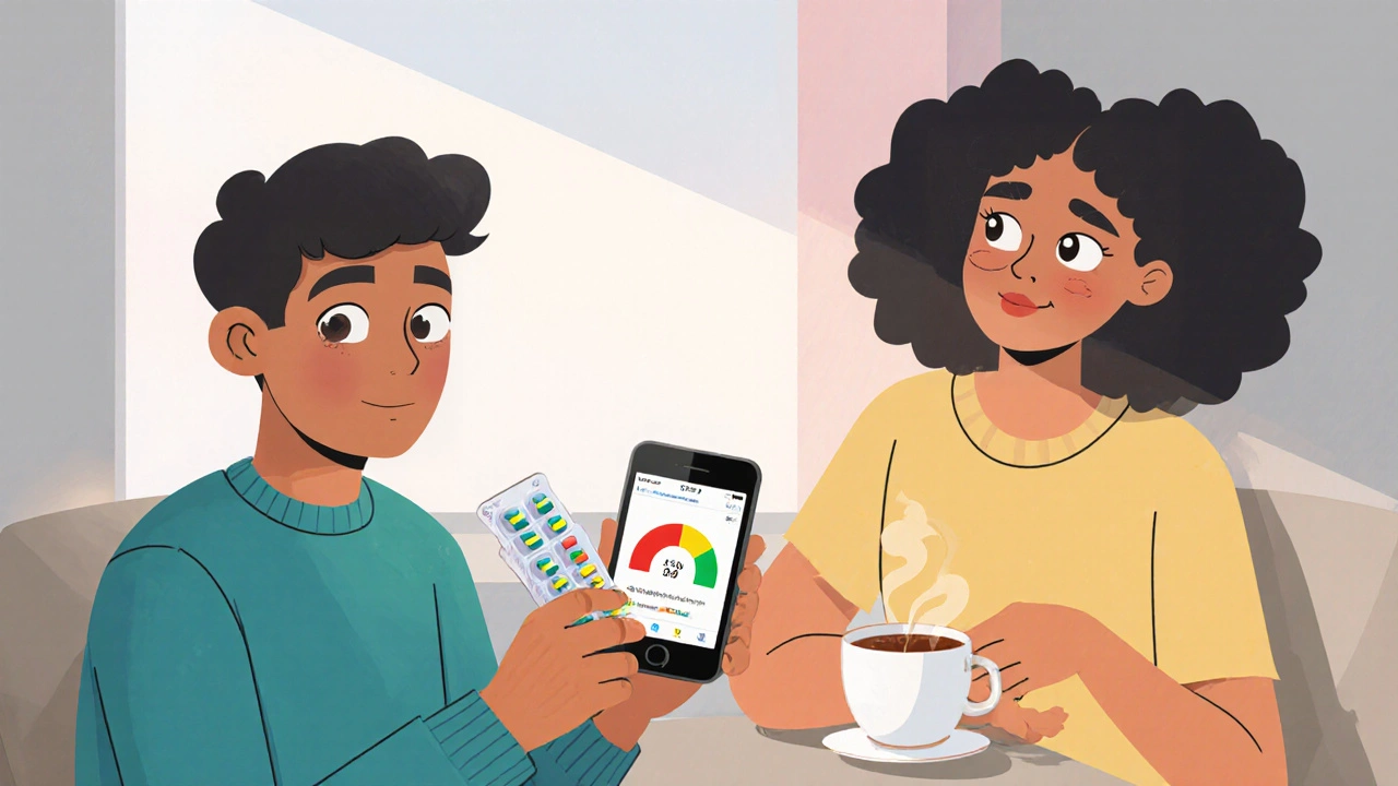 Someone using a pill pack and mood tracker app with a supportive friend nearby.