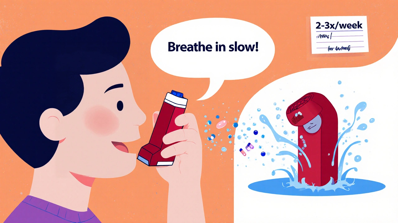 Someone using an inhaler with a spacer, medicine particles floating into lungs, rinsing water splashing out.