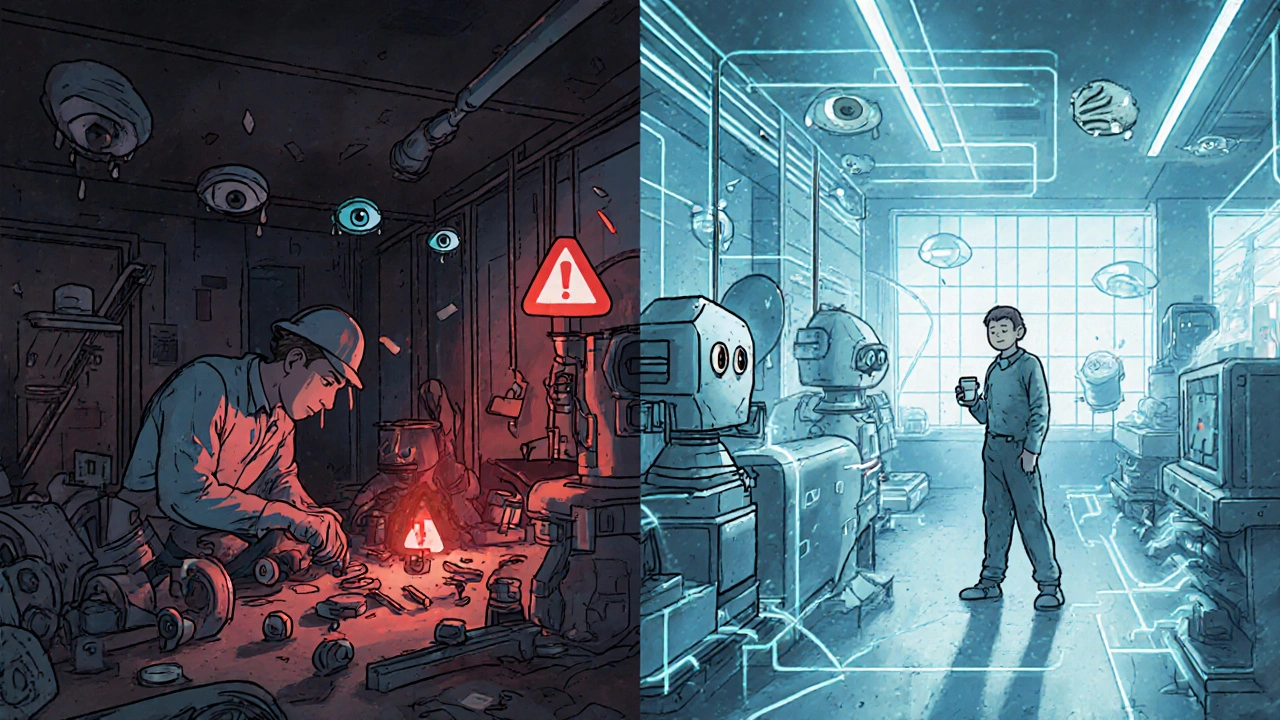 Split scene: dim manual inspection on left vs. bright AI-powered factory on right with floating sensors and seamless data flow.