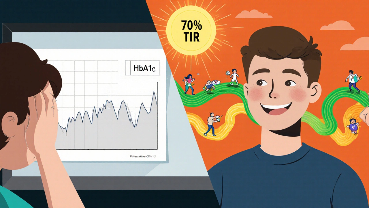 Split-screen cartoon: one side shows a gloomy HbA1c chart, the other a vibrant, animated CGM glucose trend line.