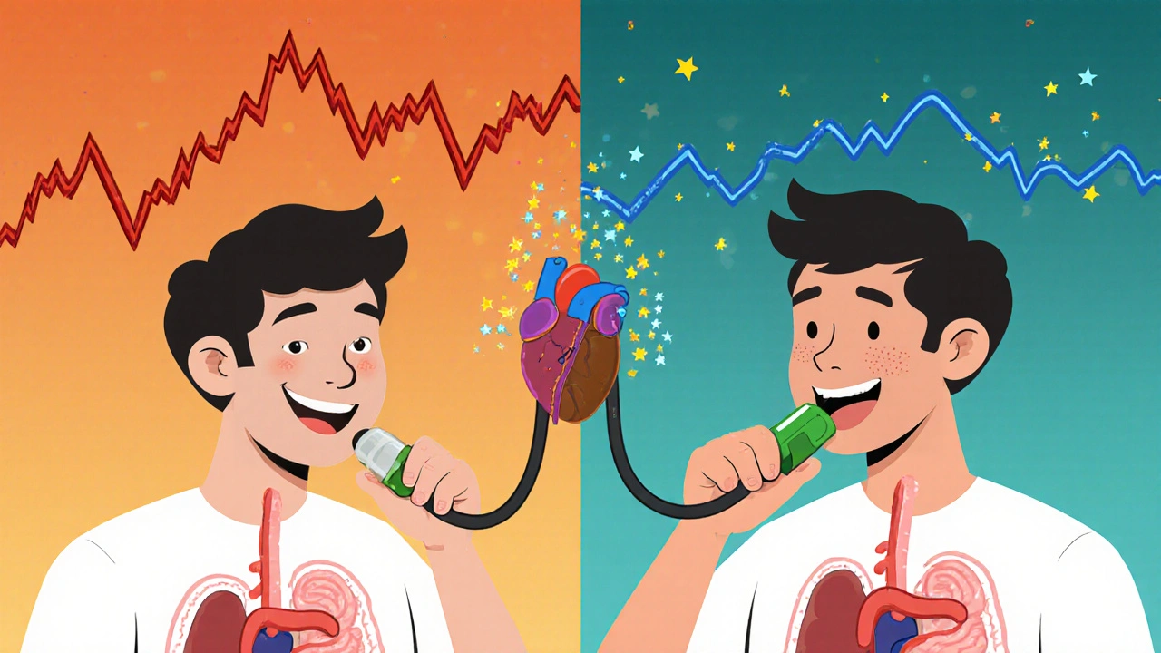 Split-screen illustration showing stimulant medication raising blood pressure while green coffee extract lowers it, with a heart being tugged between two forces.