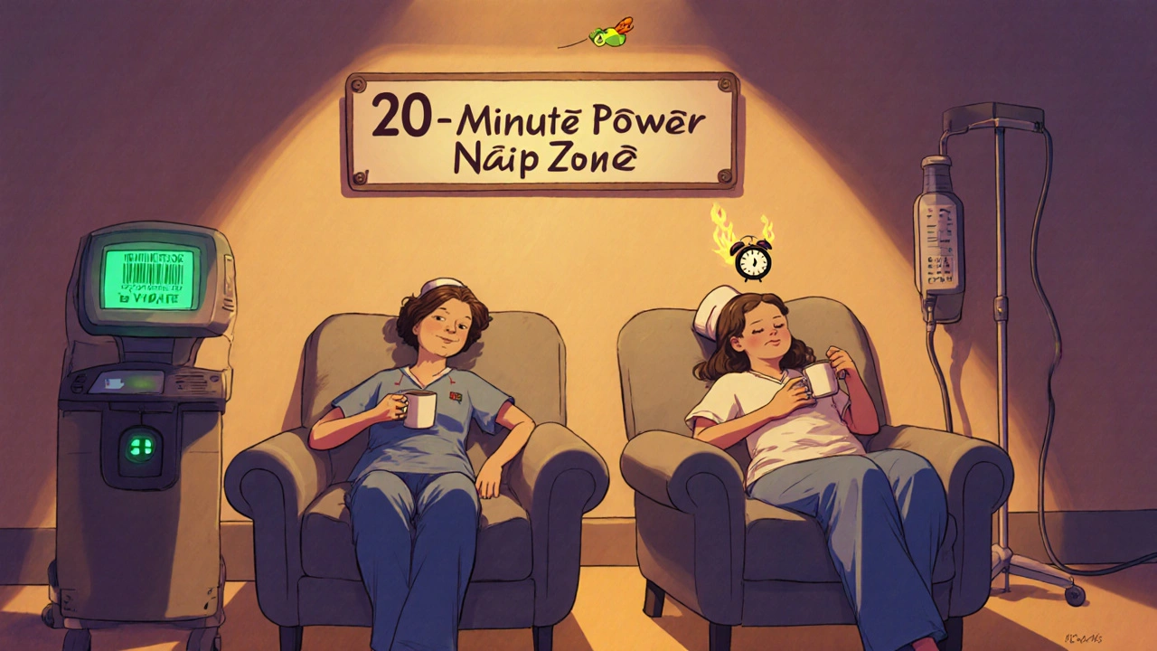 Two nurses napping in a hospital break room with a power nap sign and medical tech glowing softly in the background.
