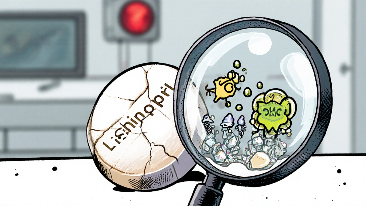 Two pills side by side—one real, one fake—with toxic elements revealed inside the counterfeit under a magnifying glass.