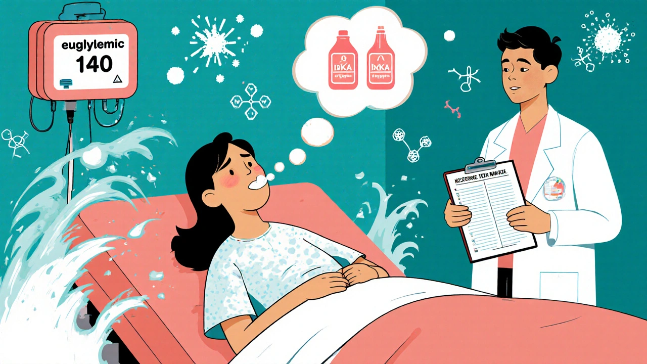 Woman in hospital with fruity breath and normal glucose reading, but surrounded by dangerous ketone waves.