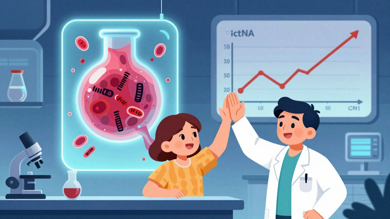 A blood vial turning into a holographic tumor with methylation tags, doctor and patient celebrating in CalArts style.