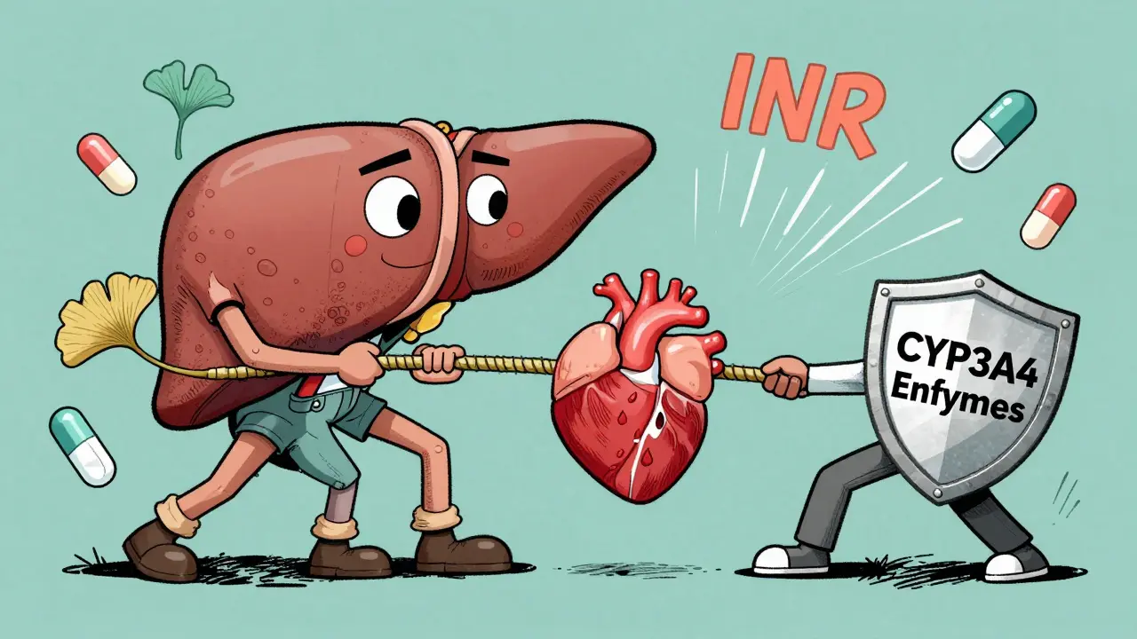 A cartoon liver in a tug-of-war between ginkgo and warfarin, with INR numbers spiking and medical symbols around it.