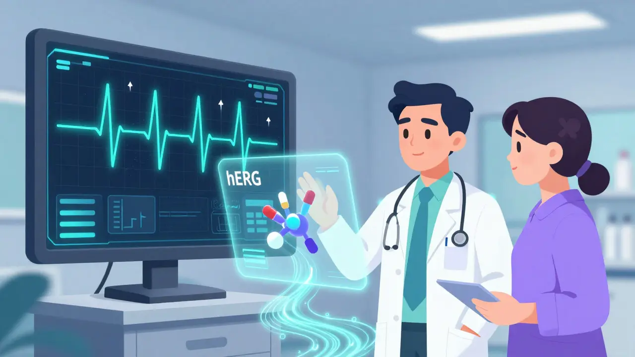 A digital AI interface analyzing an ECG waveform with glowing hERG channel blockage visuals.