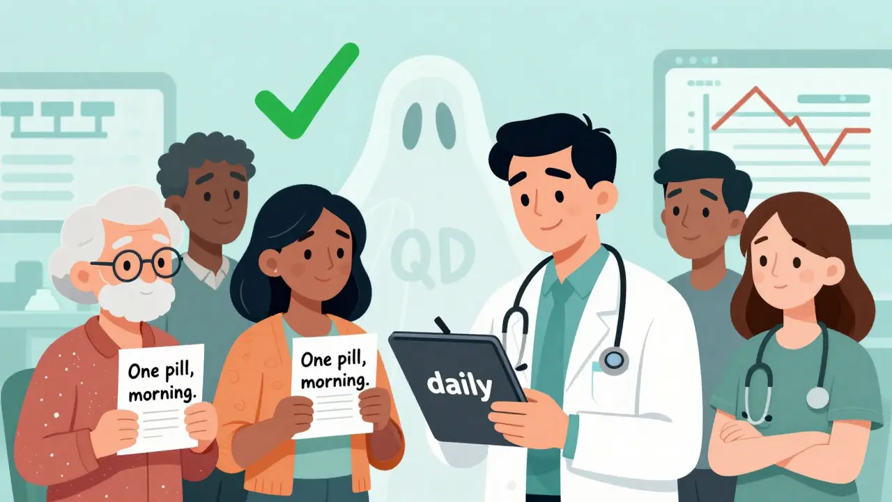 A doctor writes 'daily' instead of QD as patients smile with clear instructions.