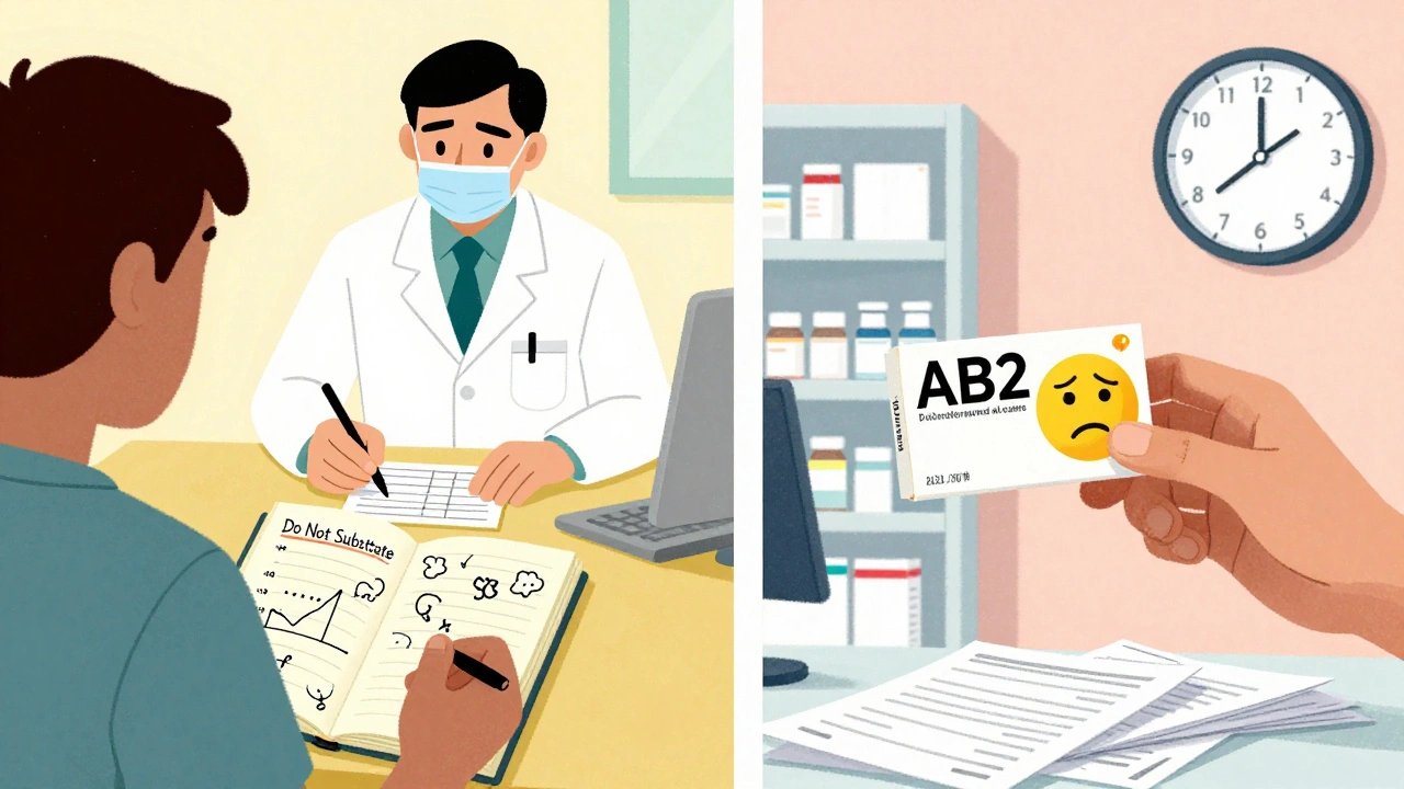 A doctor writing &#039;Do Not Substitute&#039; while a patient logs symptoms and a pharmacist examines a generic pill with a clock showing delay.