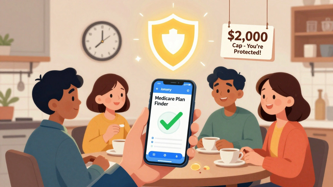 A family views a Medicare Plan Finder on a phone, with a &#039;,000 Cap&#039; shield glowing above them at a kitchen table.