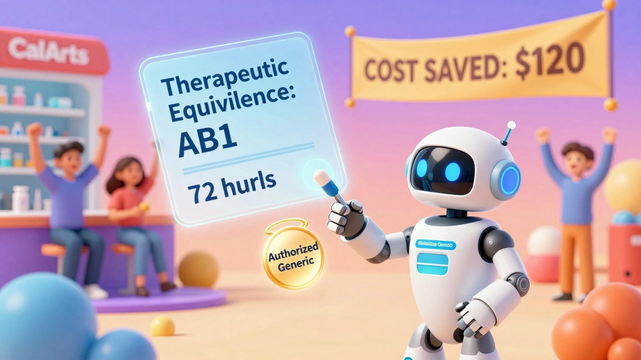 A futuristic pharmacy with a holographic therapeutic equivalence label and a Medicare robot approving a pill in 72 hours.
