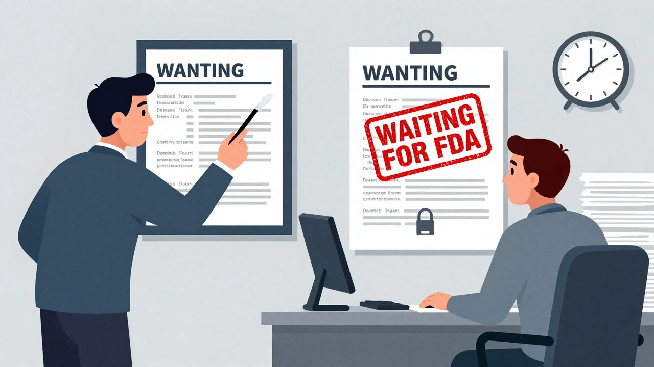 A generic drug manufacturer stares at a locked label while a brand-name company updates theirs, with a ticking clock nearby.