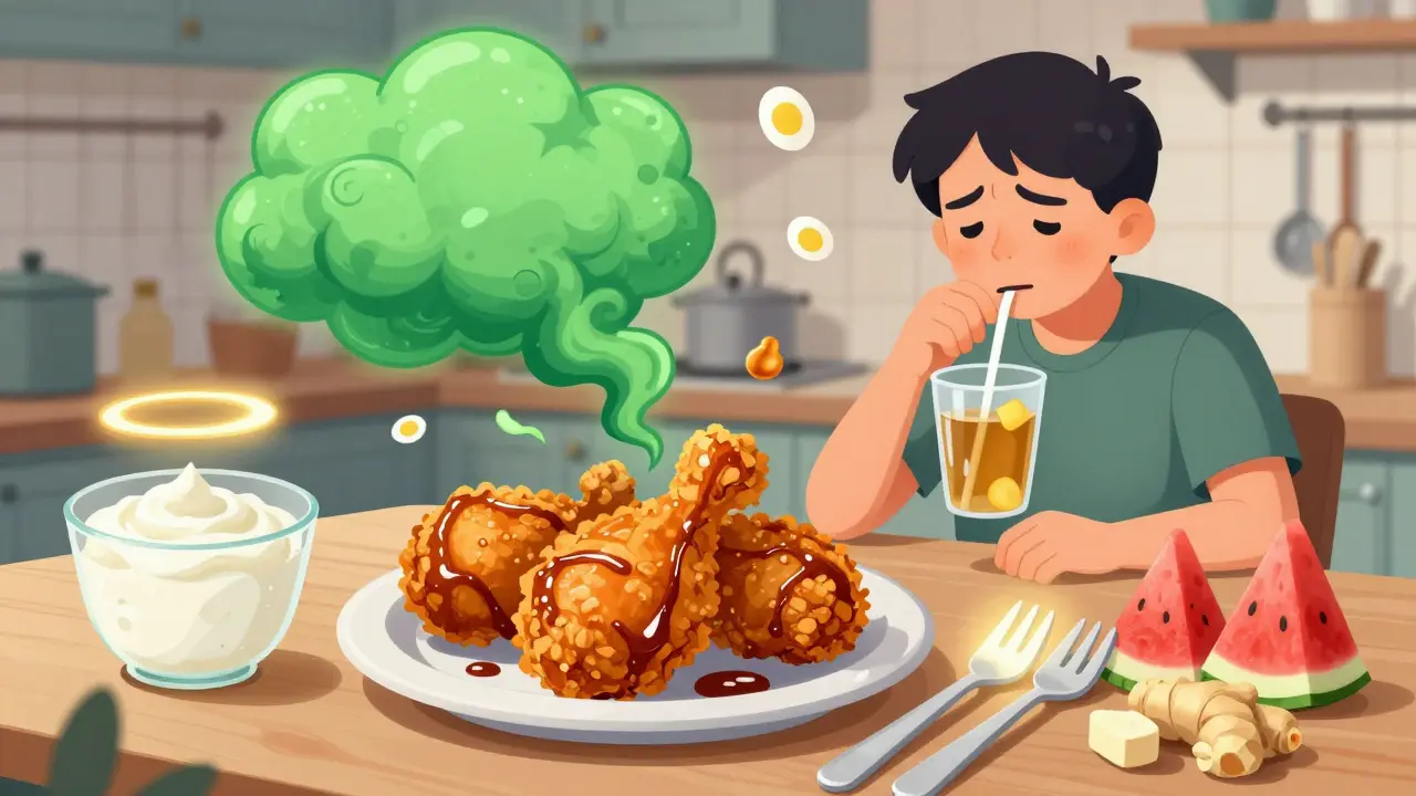 A green nausea cloud fades as soothing cold foods and plastic utensils glow brightly in a vibrant kitchen scene.