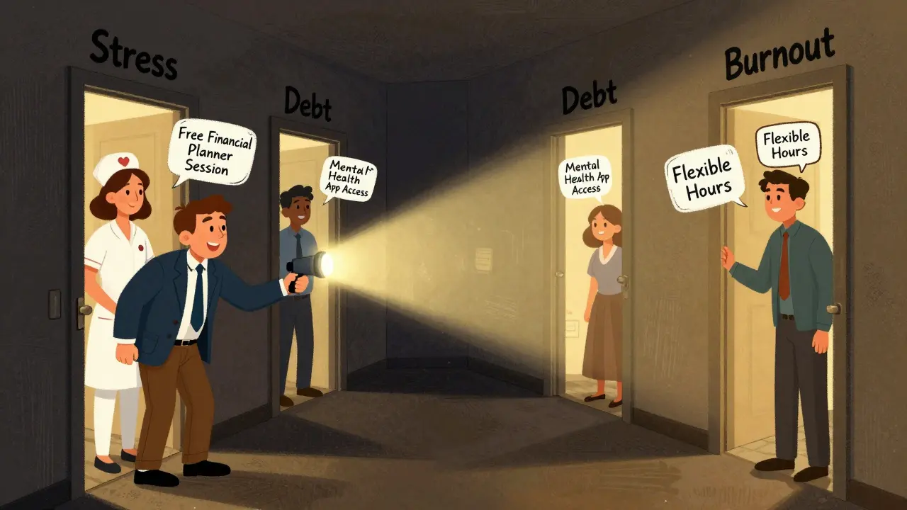 A manager uses a glowing flashlight to reveal tailored wellness solutions for different employees.