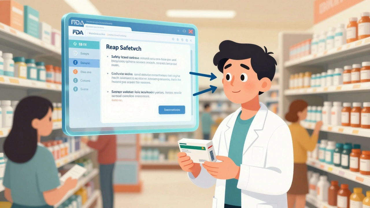 A patient in a pharmacy is informed by a glowing FDA MedWatch screen, while others ignore safety alerts around them.