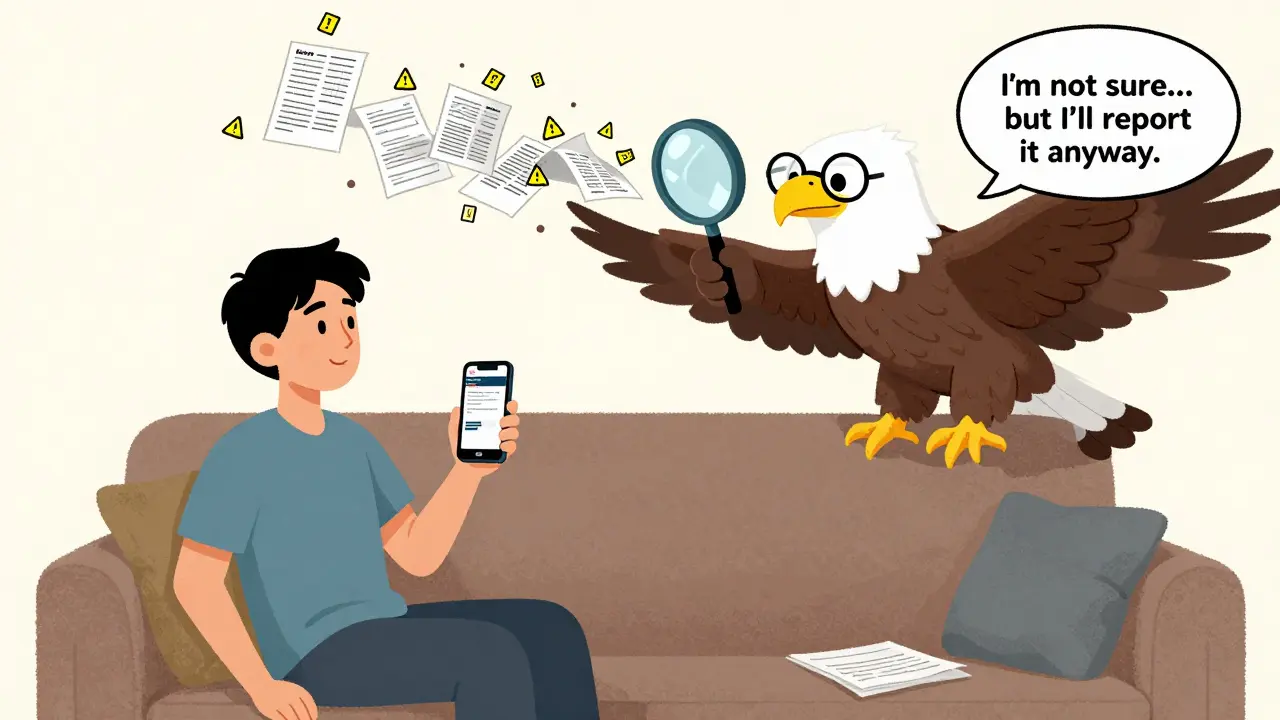 A patient reporting a drug reaction while a friendly FDA eagle watches with a magnifying glass.