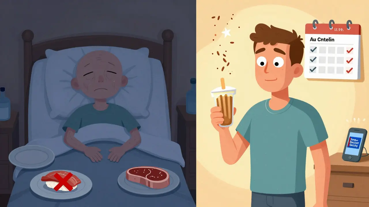 A patient transitions from frailty to strength, holding a homemade protein popsicle while avoiding unsafe foods.