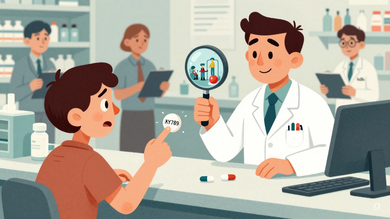 A pharmacist and patient examining a pill with a changed imprint code, with tiny factory workers and FDA inspectors nearby.