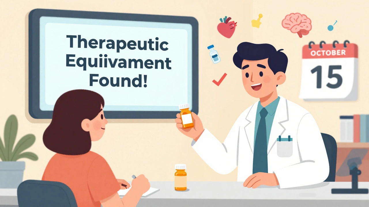 A pharmacist hands a patient a pill bottle while a screen shows &#039;Therapeutic Equivalent Found!&#039; and October 15 is marked on a calendar.