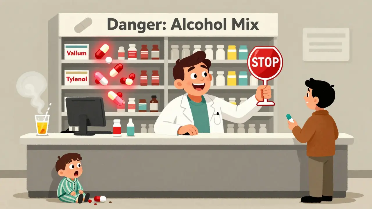 A pharmacist stopping a customer from taking pills with alcohol, using a wine-glass-shaped stop sign in a pharmacy setting.