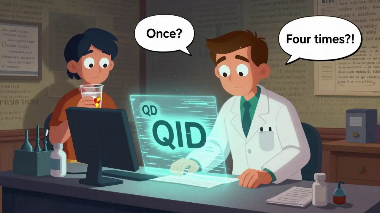 A pharmacist watches a prescription abbreviation glitch from QD to QID on a screen.