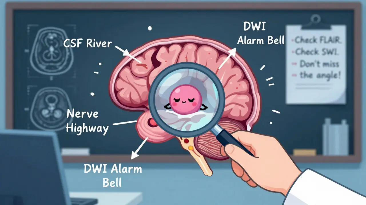 A radiologist zooming in on a cute sleepy tumor hiding near a brainstem, with labeled brain structures around it.