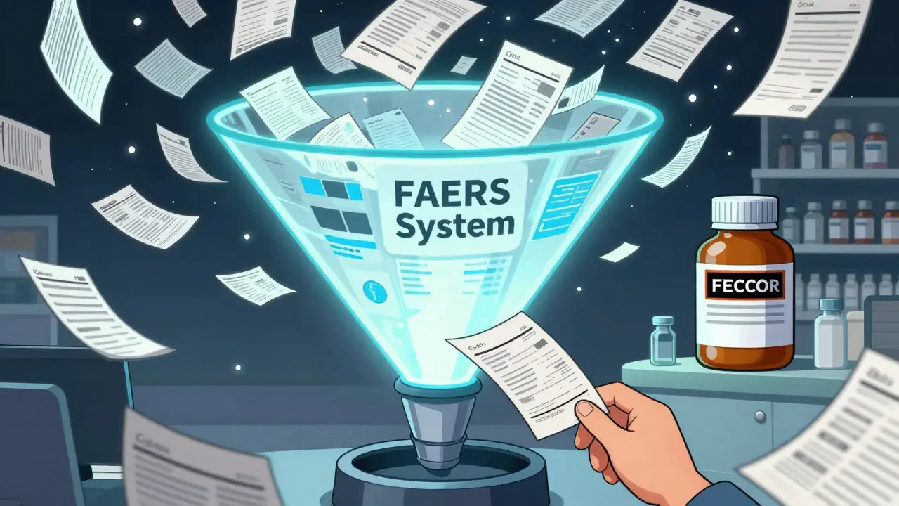 A single report falling into a giant digital funnel surrounded by thousands of other reports.