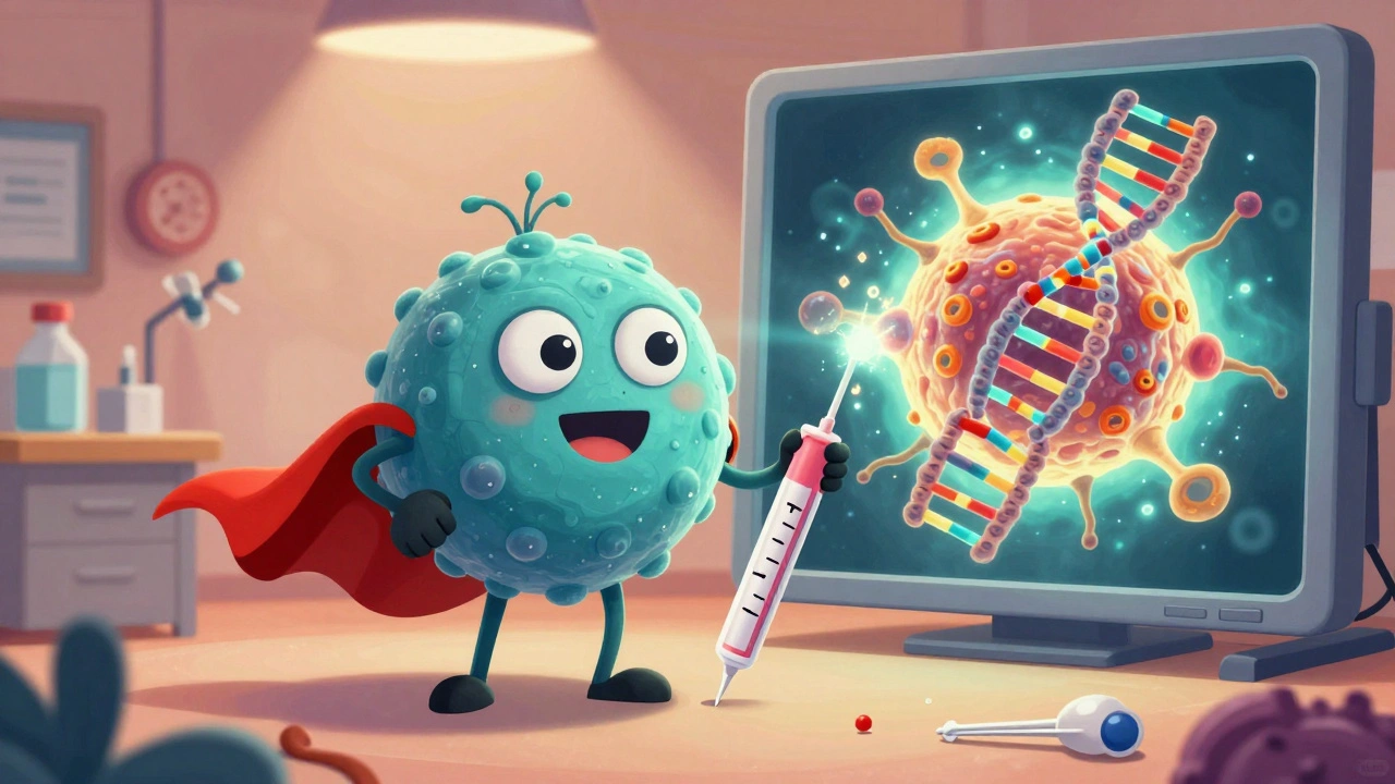 A superhero ctDNA molecule defeating a broken biopsy needle, with tumor heterogeneity shown in a split-screen.