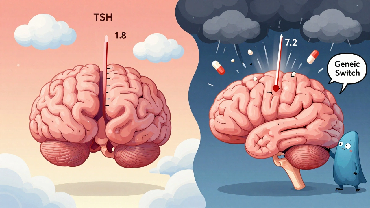 A surreal brain showing a thyroid gland in balance versus chaos after switching to a generic medication.